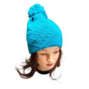 Vintage Smiley 100% Wool Beanie Ski Hat USA Knit Cap Blue on Blue Fair Isle